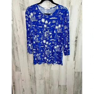 Leggiadro Women's‎ size Large (12/14) Blue Knit Top Mediterranean Summer Print